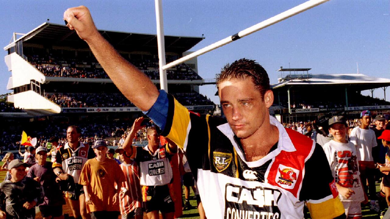 Western Reds player Mark Geyer acknowledges crowd support after beating St George Dragons in the Winfield Cup rugby league game at the WACA in Perth, 12/03/1995. Pic Ken Matts.