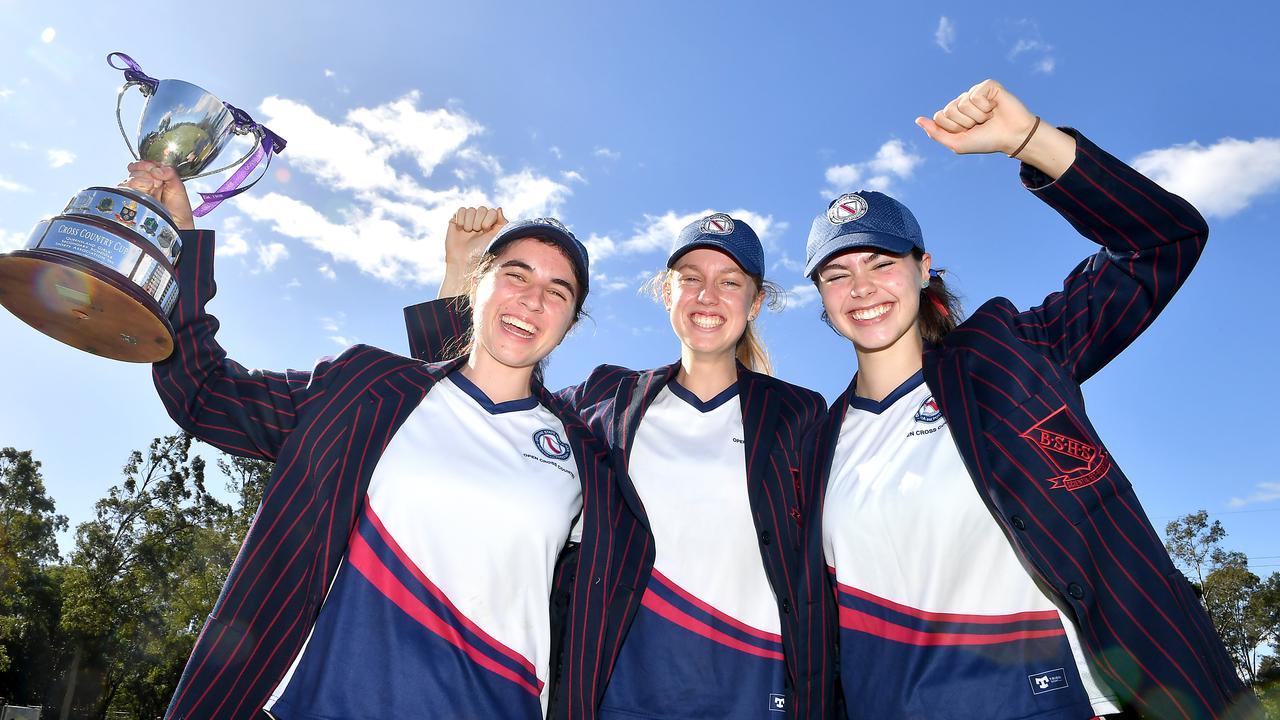 Aggregate Cup winners BSHS runners Sabrina Guse, Sophie Malcolm and Sophie Butler. Picture, John Gass