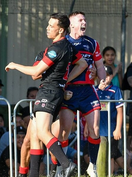 Runaway Bay fullback John Mackin celebrates his try. Picture: KPM Sports