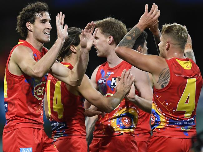 The Suns celebrated early and often against the Hawks. Picture: AFL Photos/Getty Images