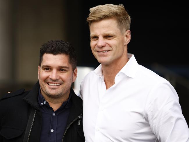 Nick Riewoldt recounted a close call on his Texas ranch to old teammate Leigh Montagna. Picture: Getty