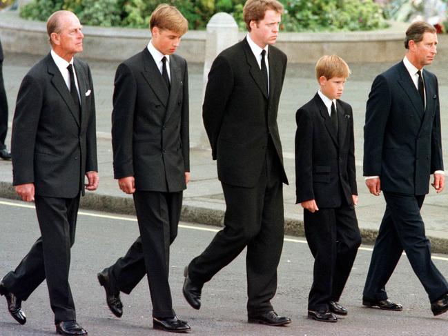 Prince Philip with Prince William, Earl Spencer, Prince Harry and Prince Charles walk behind Princess Diana’s coffin in 1997. Picture: AFP