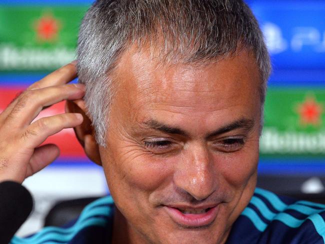 Chelsea's Portuguese manager Jose Mourinho reacts during a press conference at Chelsea's training ground, in Stoke D'Abernon, near London, on September 15, 2015, ahead of the team's forthcoming UEFA Champions League group G football match against Maccabi Tel Aviv. AFP PHOTO / GLYN KIRK