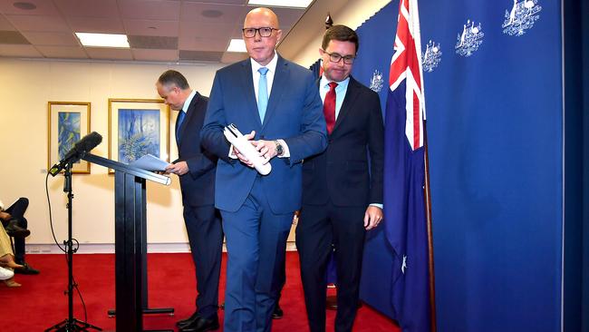 Nationals leader David Littleproud follows Opposition Leader Peter Dutton after a press conference on the Coalition’s energy policies on December 13. Picture: John Gass/NewsWire