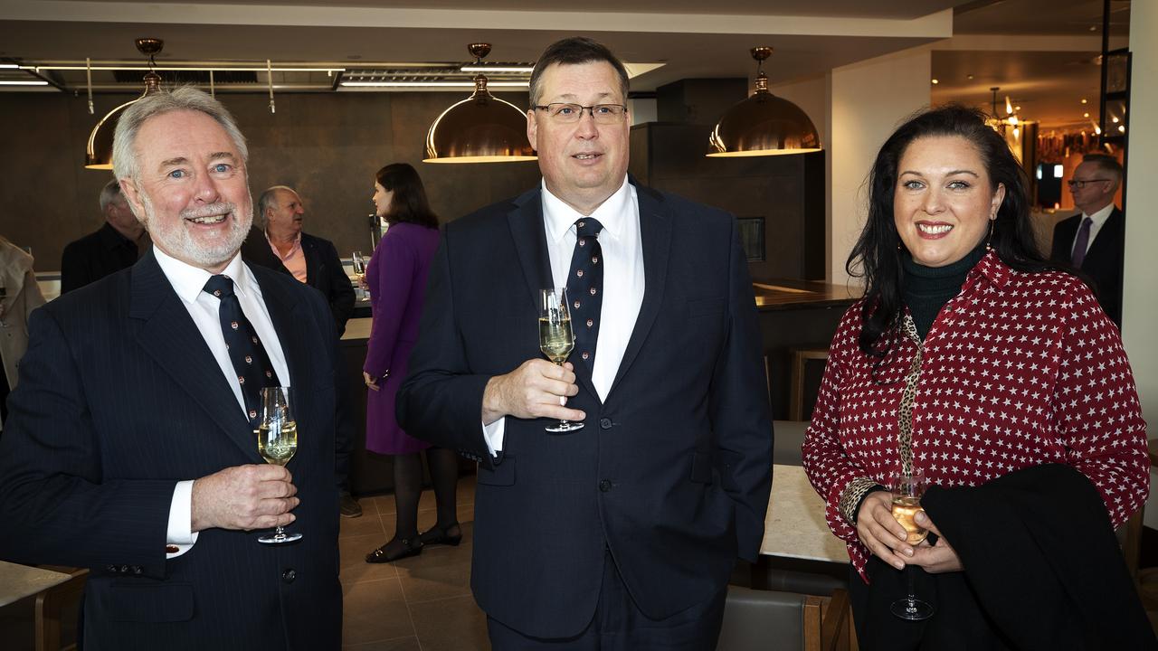 (L-R) Phillip Kimber, Simon Wilding and Angelina Kalis during the opening of the Crowne Plaza Hotel at Hobart. Picture Chris Kidd