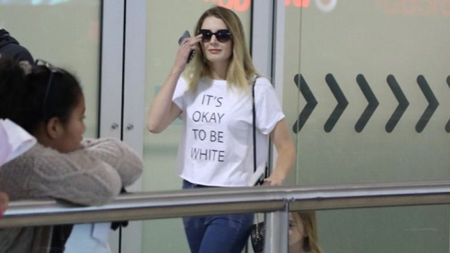 Lauren_Southern touches down in Brisbane wearing 'It's okay to be white' T-shirt. Credit: Twitter