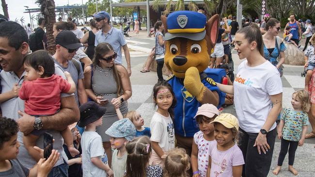 Opening of the Esplanade Dining precinct … children crowd around the 'Chase' from Paw Patrol on the Esplanade