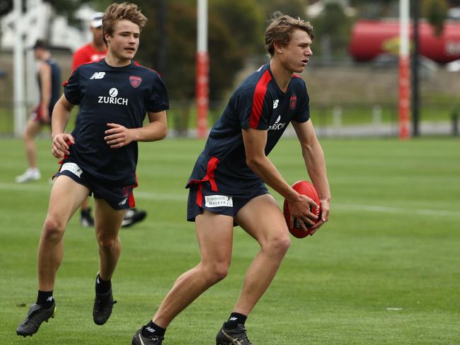 MELBOURNE, AUSTRALIA - NOVEMBER 28: Aaron Nietschke of the Demons controls the ball during a Melbourne Demons AFL training session at Gosch's Paddock on November 28, 2018 in Melbourne, Australia. (Photo by Robert Cianflone/Getty Images)