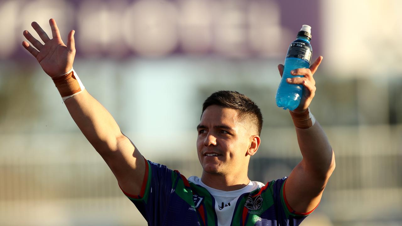 Kodi Nikorima waves to the Warriors faithful – but will next turn out for South Sydney. Picture: Getty