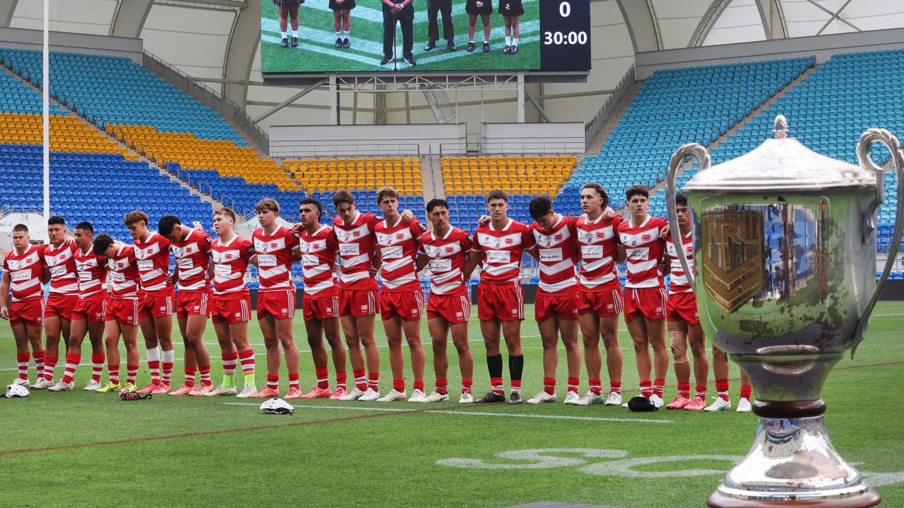 NRL National Schoolboys Cup final at CBUS Stadium between Palm Beach Currumbin and Patrician Blacktown Brothers. Palm Beach Currumbin's team ready to play. .Picture Glenn Hampson