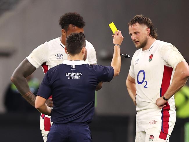 Jonny Hill is shown a yellow card during game one of the international test match series. Picture: Mark Kolbe/Getty Images