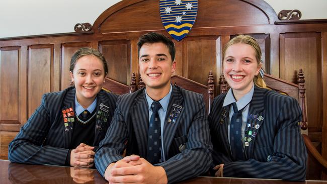 National mooting champions Julia Richardson, Rueben Steyn and Grace Kronenberg of Citipointe Christian College. Picture: Cavan Flynn