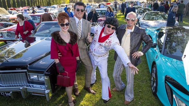 Fiona and Michael Smitham and Geoff Asher (Elvis) and Lynton Smith next to Geoff Asher's Cadillac during the McLaren Vale Vintage & Classic 2024 at Serafino Winery Sunday,April,14,2024.Picture Mark Brake