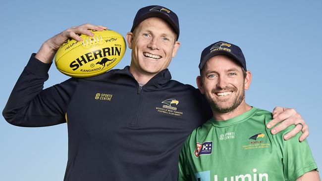 Eagles Coach, Sam Jacobs with former Test Cricketer, Chadd Sayers in Woodville South, where SayerÃ¢â¬â¢s will be a matchday runner this season, Wednesday, May 8, 2024. Picture: Matt Loxton