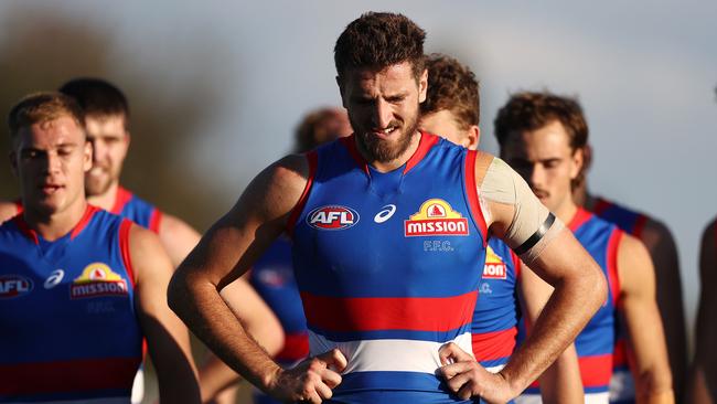 Bulldogs skipper Marcus Bontempelli leads his team off after another disappointing performance which saw them slip to 2-4. Picture: Michael Klein