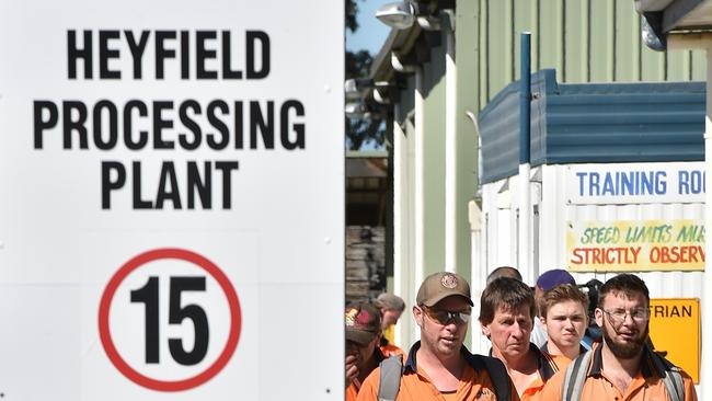 Employees of ASH, Australian Sustainable Hardwood leave a mass meeting anouncing the closure of the Heyfield timber mill, Friday 17th March 2017. Picture : Andrew Batsch