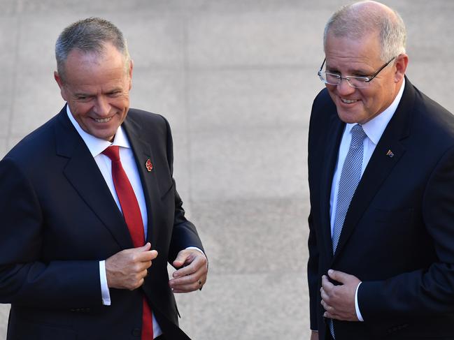 Leader of the Opposition Bill Shorten and Prime Minister Scott Morrison at the Last Post Ceremony at the Australian War Memorial in Canberra, Monday, February 11, 2019. (AAP Image/Mick Tsikas) NO ARCHIVING