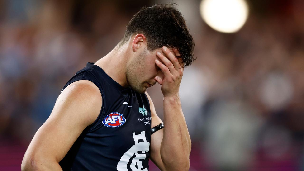 BRISBANE, AUSTRALIA - SEPTEMBER 23: Nic Newman of the Blues looks dejected after a loss during the 2023 AFL Second Preliminary Final match between the Brisbane Lions and the Carlton Blues at The Gabba on September 23, 2023 in Brisbane, Australia. (Photo by Michael Willson/AFL Photos via Getty Images)