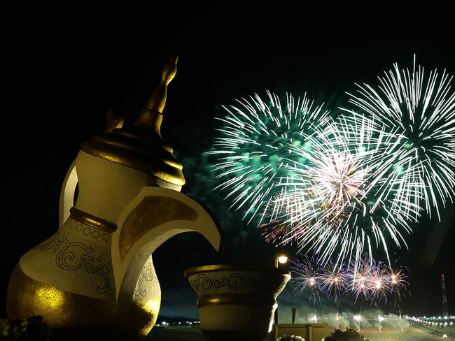 Fireworks explode on New Year's Eve to welcome 2019 in Al-Dhafra, near Abu Dhabi. Picture: AFP