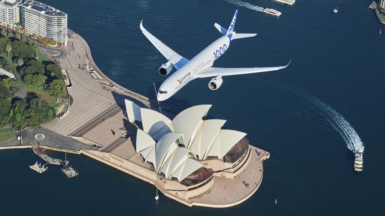 An Airbus A350-1000 flight test aircraft flies over Sydney Harbour. Picture: James D. Morgan/Getty Images