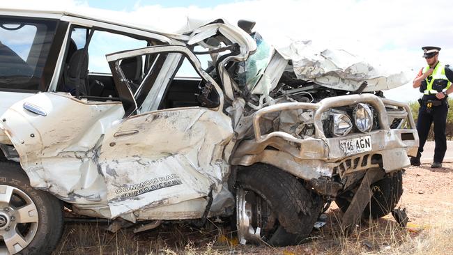 HEAD-ON: The Nissan Patrol driven by Michael Knowles which slammed into a Mitsubishi Pajero, on the Lincoln Hwy near Whyalla, killing James Moore and Natasha Turnbull.                            <span id="U61910448062V7F" style="font-family:'Guardian Sans Regular';font-weight:normal;font-style:normal;"/>Picture: Stephen Laffer