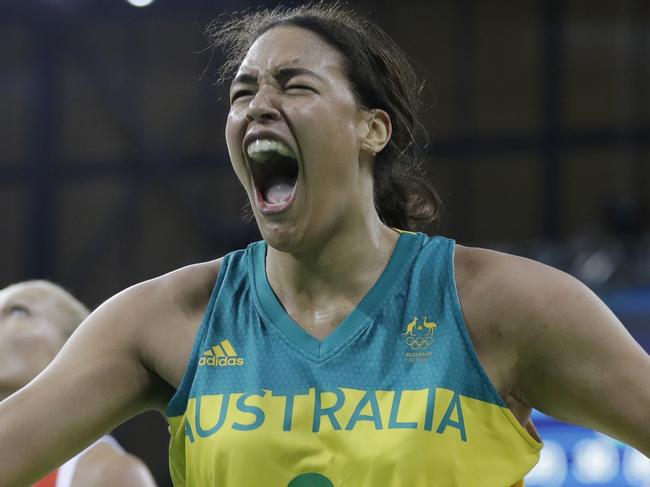 Australia center Liz Cambage reacts after making a basket and receiving a foul during the second half of a women's basketball game against Belarus at the Youth Center at the 2016 Summer Olympics in Rio de Janeiro, Brazil, Saturday, Aug. 13, 2016. Australia defeated Belarus 74-66. (AP Photo/Carlos Osorio)