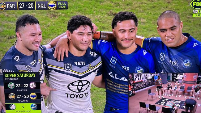 North Queensland players Kulikefu Finefeuiaki and Jason Taumalolo are all smiles, posing for photos with Parramatta's Will Penisini and Joe Ofahengaue despite the Cowboys' disappointing 27-20 defeat to the Eels at CommBank Stadium.