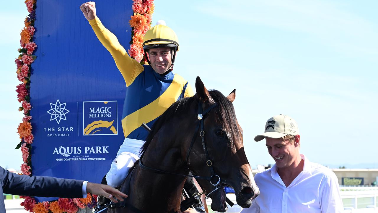 The Gai Waterhouse-trained Storm Boy has won the $3 million two-year-old Magic Millions Classic on the Gold Coast. Picture: Grant Peters/Trackside Photography