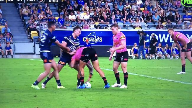 James Fisher-Harris plays the ball illegally leading up to Jaeman Salmon's try against the Cowboys. Picture: NRL Imagery