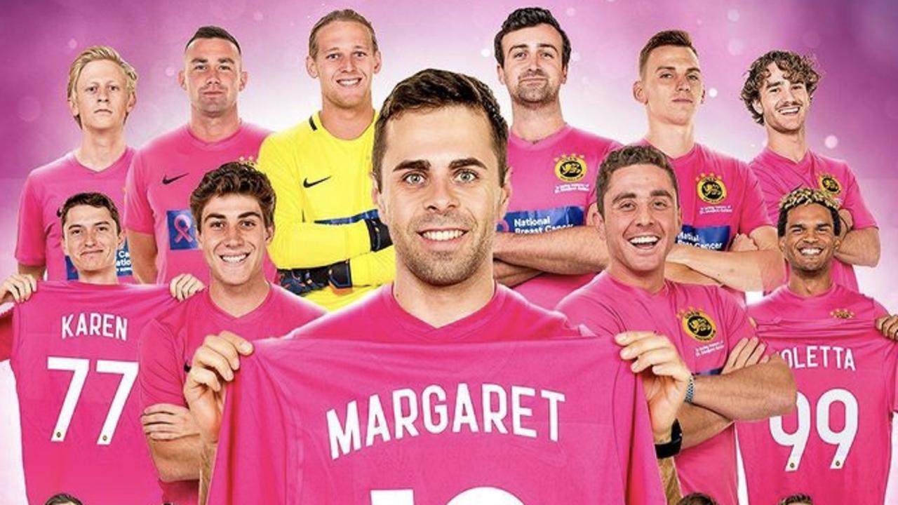 The University of NSW soccer team in pink.