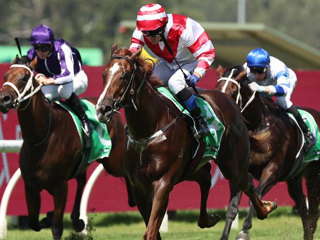 SYDNEY, AUSTRALIA - MARCH 15: Kerrin McEvoy riding Skyhook  win Race 3 TAB Pago Pago Stakes during "Chandon Ladies Day" - Sydney Racing at Rosehill Gardens on March 15, 2025 in Sydney, Australia. (Photo by Jeremy Ng/Getty Images)