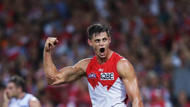 Sydney's Callum Sinclair celebrates kicking a goal during AFL match between the Sydney Swans and GWS Giants at the SCG. Picture. Phil Hillyard