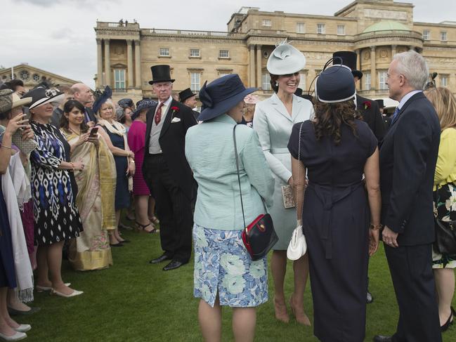 Catherine, Duchess of Cambridge talks to guests during a garden party at Buckingham Palace on May 16, 2017 in London, England. Picture: Getty