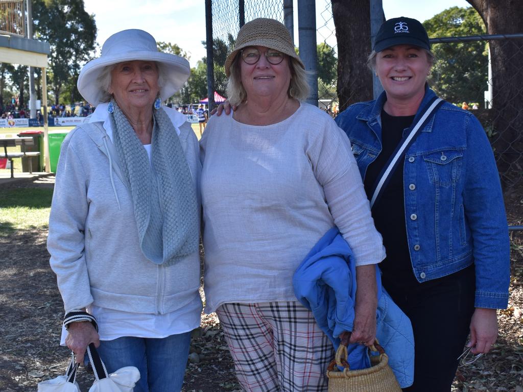 Yeppoon's Adele Parmenter, Caloundra's Celia Mulheran and Toowoomba's Peta Mulheran at the Queensland Country Rugby Union Championships in Rockhampton, July 1, 2023.