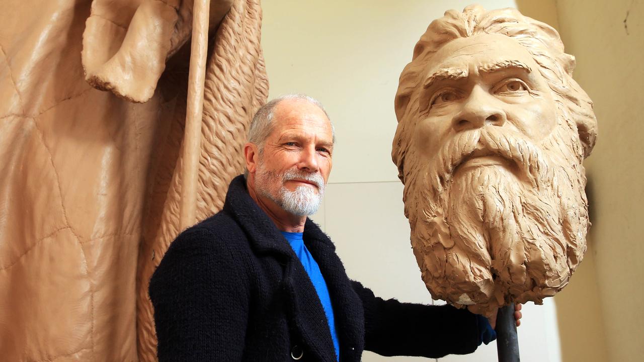 Sculptor Peter Schipperheyn and his 22-year passion project, a 4.2 metre high sculpture of indigenous tribesman William Barak. Picture: Aaron Francis