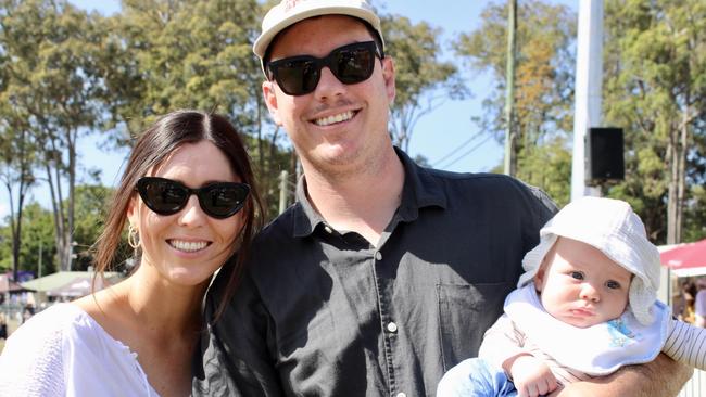 Em O'Connor and James O'Connor with baby Hudson at the Noosa Polo and Provedores on October 14, 2023.