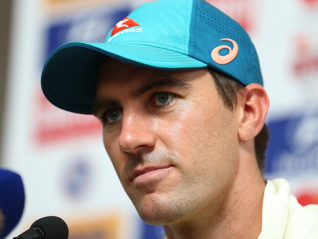 DELHI, INDIA - FEBRUARY 19: Pat Cummins of Australia speaks to the media after day three of the Second Test match in the series between India and Australia at Arun Jaitley Stadium on February 19, 2023 in Delhi, India. (Photo by Robert Cianflone/Getty Images)