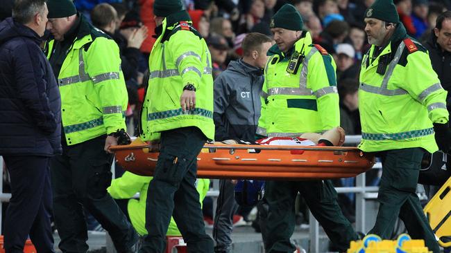 Sunderland's Duncan Watmore is carried off the pitch on a stretcher against Leicester City.