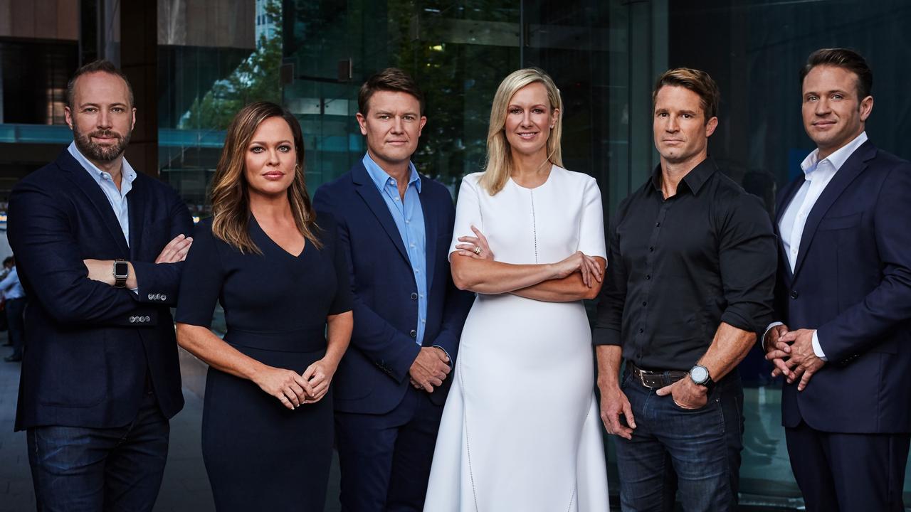 Sunday Night circa 2019, from left: Steve Pennells, Angela Cox, Alex Cullen, Melissa Doyle, Denham Hitchcock and Matt Doran. Picture: Seven.