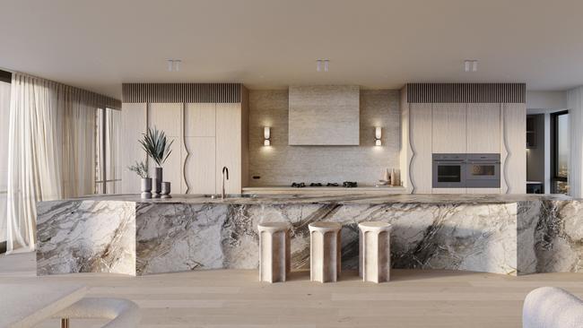 Each full-floor apartment features a 7 metre-long kitchen island made from specially crafted stone feature marble.