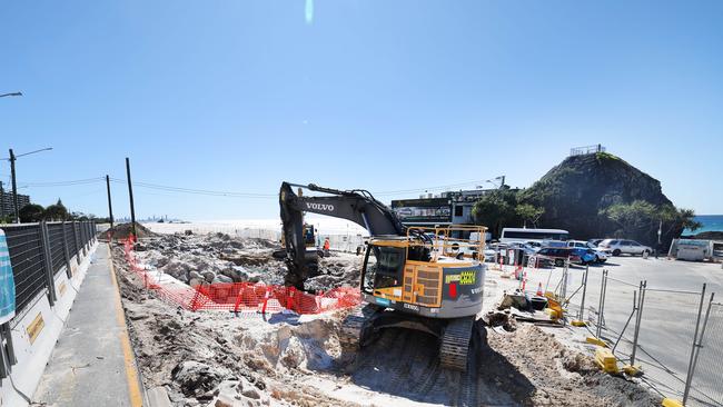 Work on the Currumbin Seawall continues next to the Currumbin Vikings SLSC. Picture Glenn Hampson