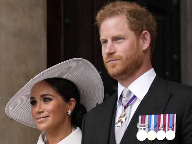 LONDON, ENGLAND - JUNE 03: Prince Harry and Meghan Markle, Duke and Duchess of Sussex leave after a service of thanksgiving for the reign of Queen Elizabeth II at St Paul's Cathedral in London, Friday, June 3, 2022 on the second of four days of celebrations to mark the Platinum Jubilee. The events over a long holiday weekend in the U.K. are meant to celebrate the monarch's 70 years of service. (Photo by Matt Dunham - WPA Pool/Getty Images)