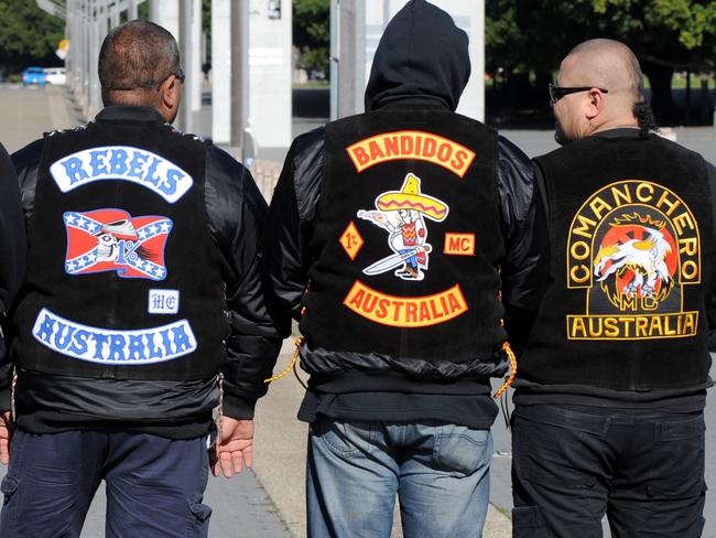 Members of Hells Angels MC, Nomads MC, Rebels MC, Bandidos MC and Comanchero MC make up some of the 14 N.S.W outlaw motorcycle gangs that gathered at Moore Park as part of the United Motorcycle Council for a Legalise Freedom ride, Sydney, Saturday, June 13, 2009. The clubs represented were Hells Angels, Bandidos, Rebels, Comanchero, Nomads, Finks, Black Uhlans, Vietnam Veterans, Phoenix, Grave Diggers, Outcasts, Life and Death, Gods Squad and Bikers for Christ. (AAP Image/Dean Lewins) NO ARCHIVING