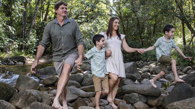 Tim and Melissa Murphy, with their boys Kade, 8, and Rohan, 6, near their home in Tully, Far North Queensland. Picture: Brian Cassey