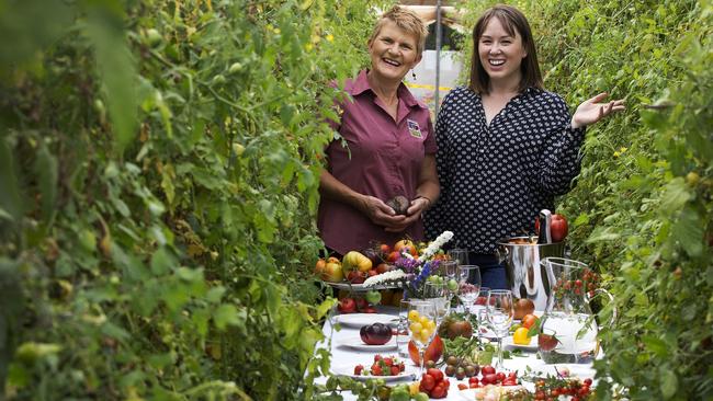 Founder of Off the Table Anna Yip, right, and co-owner of Tasmanian Natural Garlic and Tomatoes Annette Reid. Picture: CHRIS KIDD