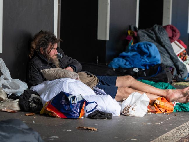 Homeless man Tim seeks refuge at the RBA building after living on the streets for 2 months. Picture: Thomas Lisson.