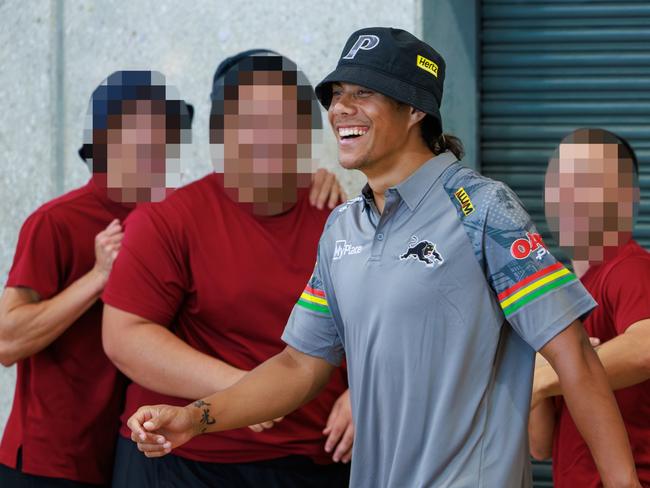 Daily Telegraph. 18, January, 2024.Penrith Panthers during a visit to Cobham Youth Justice Centre, Werrington, today.Dylan Edwards, Brad Schneider, Jarome Luia, Izack Tago, Lindsay Smith, Scott Sorenson.Picture: Justin Lloyd.