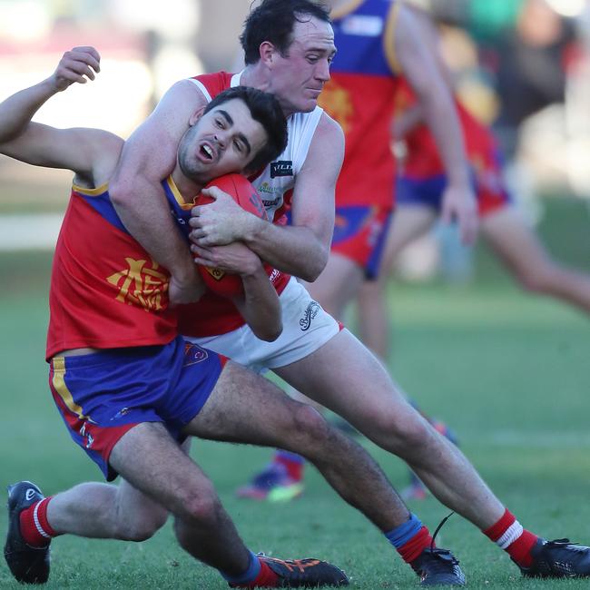 Marong’s Noah McCaig is tackled high by Bridgewater’s Jack Neylon. Picture: Yuri Kouzmin