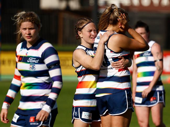 MELBOURNE, AUSTRALIA - OCTOBER 12: Mikayla Bowen (left) and Claudia Gunjaca of the Cats look dejected after a loss during the 2024 AFLW Round 07 match between the Richmond Tigers and the Geelong Cats at Swinburne Centre on October 12, 2024 in Melbourne, Australia. (Photo by Michael Willson/AFL Photos via Getty Images)