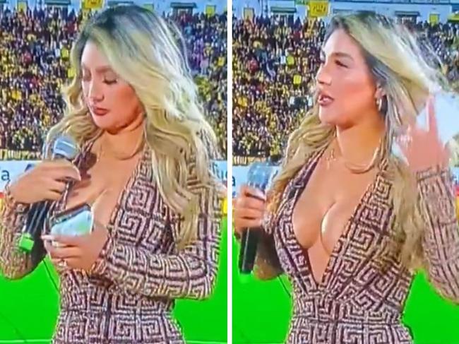 Sports presenter Kathy Valencia nearly suffered a wardrobe malfunction.